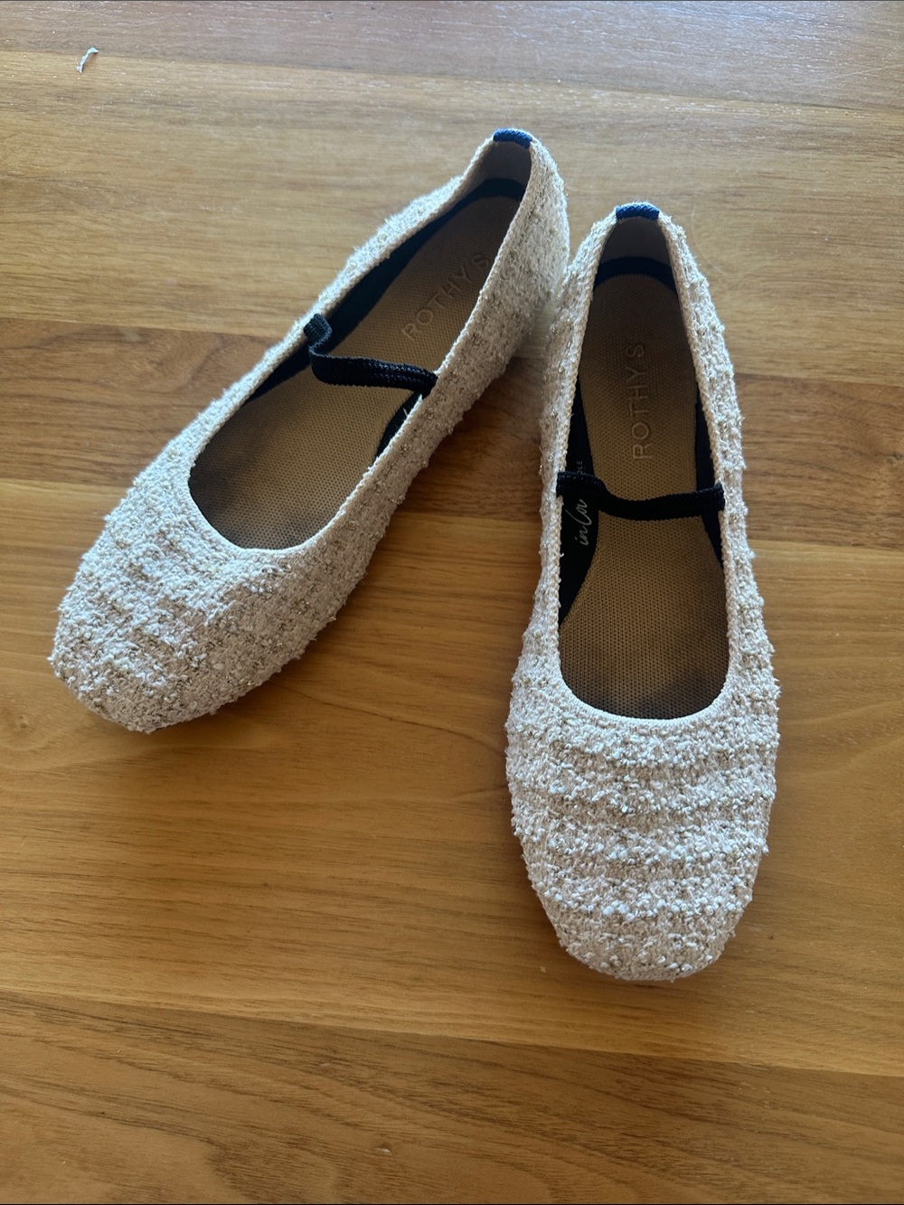 Rothy's Cream Boucle Mary Jane Ballet Flats with Black Strap